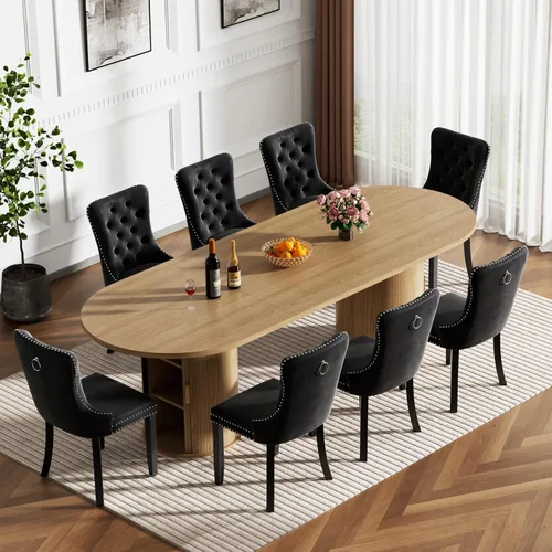Vista 16 de Mesa de comedor redonda extensible con base de almacenamiento, mesa de comedor expandible natural de 63 a 94 pulgadas para 10 personas, mesa