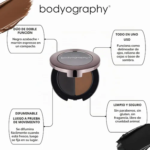 Vista 7 de Bodyography Delineador de ojos de gel Duo - Bandeja dividida aterciopelada negra y marrón Fórmula de deslizamiento suave para líneas precisas
