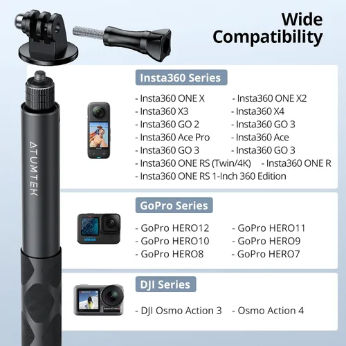 Vista 5 de ATUMTEK Palo selfie invisible de 52 pulgadas, poste monopie extensible de 1/4 pulgadas, diseño sólido y compacto para Insta360, para GoPro, DJI