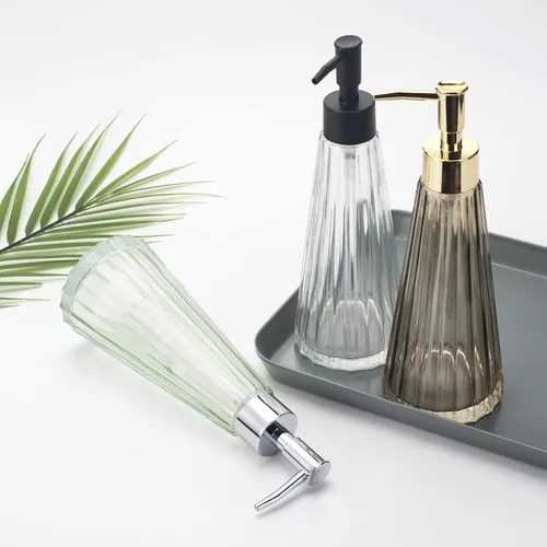 Vista 7 de IVAILEX Dispensador de jabón de manos de 10 oz/10.1 fl oz para baño, dispensador de jabón de cocina, dispensador de jabón de vidrio con bomba dorada