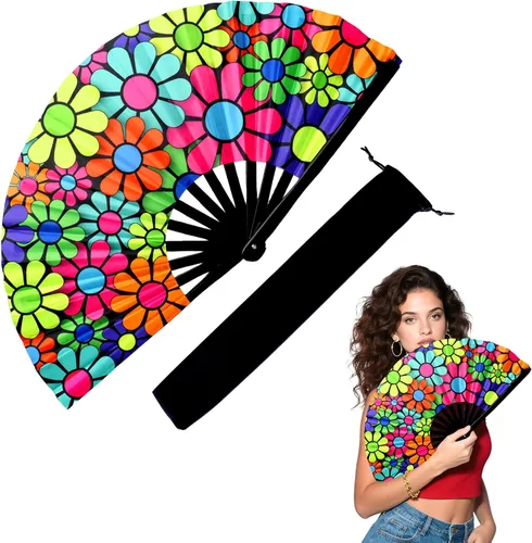 Vista 15 de Abanico de mano grande de 33 cm con luz UV para baile en línea, abanico plegable para botas, actuación, boda, fiesta - Abanico portátil de mano