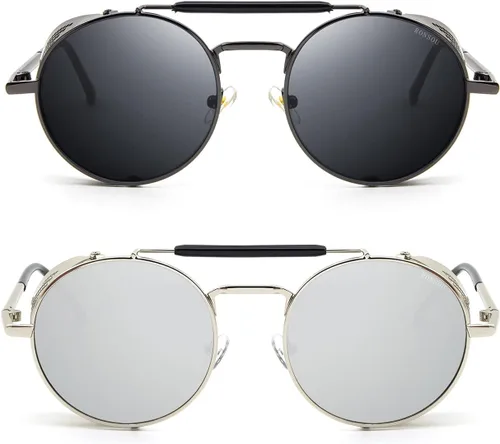 Vista 2 de RONSOU - Lentes de sol polarizados estilo steampunk redondas y vintage, con protección UV400, con marco