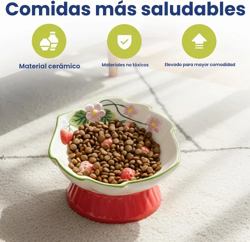 Vista 2 de Tazón elevado de comida para gatos con flores de fresa por PawsPik Rojo