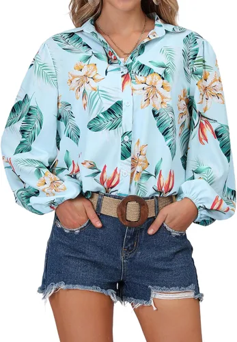 Vista 6 de ZXZY Blusa hawaiana tropical con botones y estampado floral suave para mujer