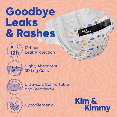 Vista 2 de Kim & Kimmy Pañales ecológicos, talla 2, 9-18 libras, 72 pañales – Protección contra fugas de 12 horas, sin erupciones, hipoalergénicos, ultrasuaves