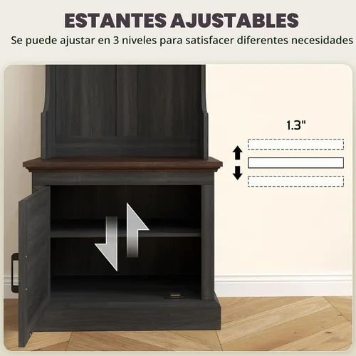 Vista 6 de HOMCOM Árbol de pasillo con almacenamiento de zapatos, perchero de entrada Grano de madera negro