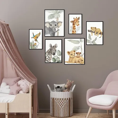 Vista 5 de HLJ ART Arte de pared para guardería de animales de safari: decoración de pared de guardería de bosque, juego de 6, imágenes de animales de bebé
