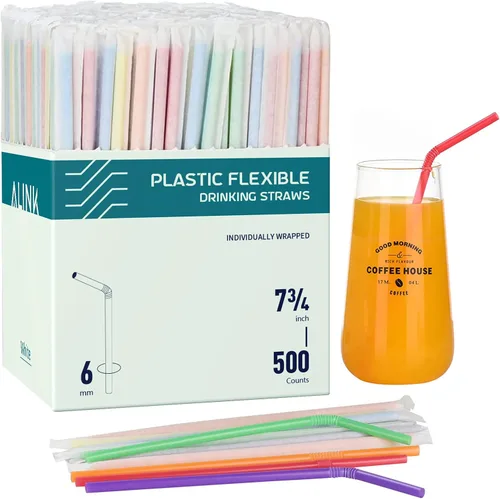 Vista 10 de ALINK Paquete de 100 pajitas flexibles de colores sólidos, pajitas flexibles desechables de plástico, 7.75 x 0.23 pulgadas