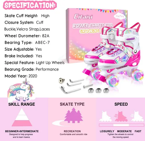 Vista 6 de Patines negros y rosados para niñas y niños de 4 a 13 años, 4 tamaños, ruedas iluminadas y diseño superior brillante
