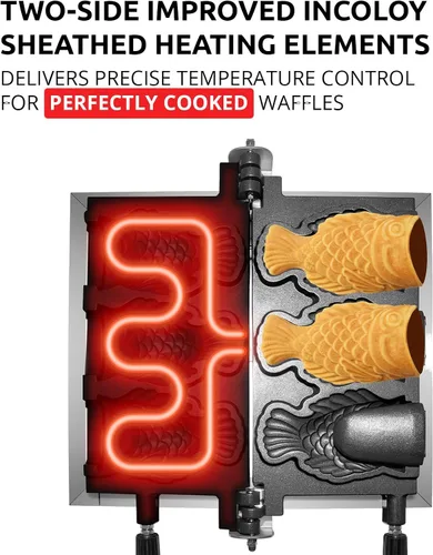 Vista 3 de Comercial Eléctrico Japón Boca Abierta Pescado Waffle Hierro Helado Máquina Taiyaki Maker Máquina y dispensador de masa y cuchara de relleno