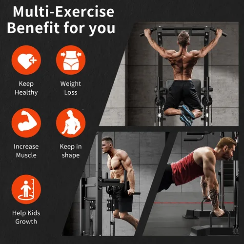 Vista 3 de SogesHome Power Tower Pull Up Bar and Dip Station, Multi-Function Free Standing Pull Ups, Adjustable Height Dip Bar Strength Training Workout