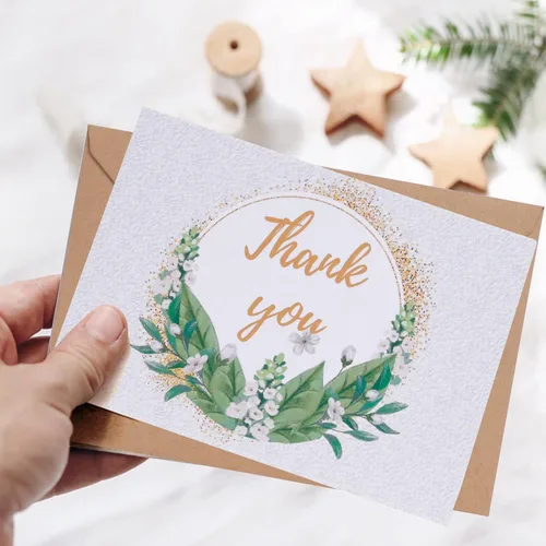 Vista 4 de Tarjetas de agradecimiento con sobres de papel kraft y calcomanías a juego, 100 tarjetas de agradecimiento de plantas verdes, tarjetas