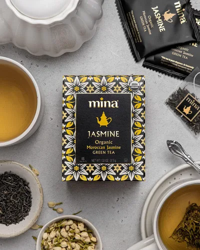 Vista 7 de Mina Té verde orgánico de jazmín marroquí, 15 sobres biodegradables, bolsas de té verde perfumadas a jazmín, rico en antioxidantes con esencia