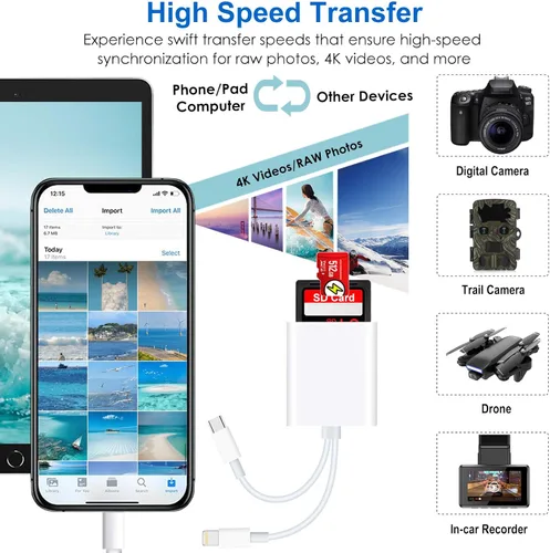 Vista 4 de Lector de tarjetas SD para iPhone iPad, adaptador de tarjeta SD/Micro SD 2 en 1, conector dual (Lightning y USB-C) para tarjetas de memoria SD y TF