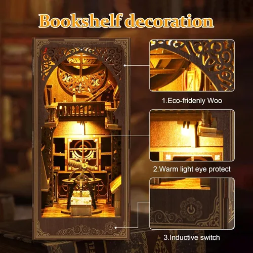 Vista 2 de Kit de rincón de libro para adultos, kit de construcción de casa de muñecas en miniatura, rompecabezas de madera 3D con sensor de luz LED