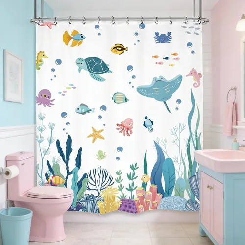 Vista 7 de Cortina de ducha para niños, 60 pulgadas de ancho x 72 pulgadas de largo, linda tortuga corales submarinos para niños y niñas, peces marinos, juego