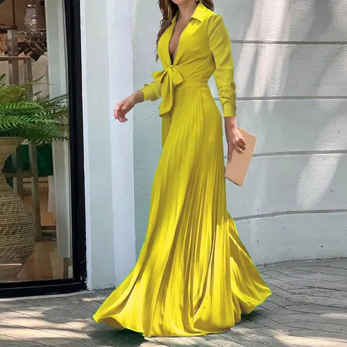 Vista 4 de Vestido largo de satén para mujer, cintura alta, manga larga, color verde, cuello en V profundo, ligero, de lujo, francés, grande, con vuelo