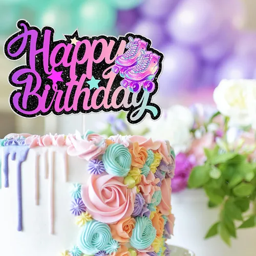 Vista 3 de Patines de ruedas para decoración de tartas para niños y niñas, decoración de fiesta de feliz cumpleaños, 80 y 90, estilo retro, hip hop
