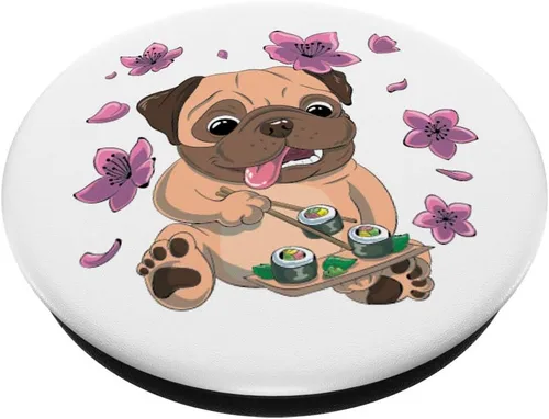 Vista 2 de Bonito perro japonés Sushi Pug Sakura Cherry Blossoms PopSockets agarre y soporte para teléfonos y tabletas, Negro