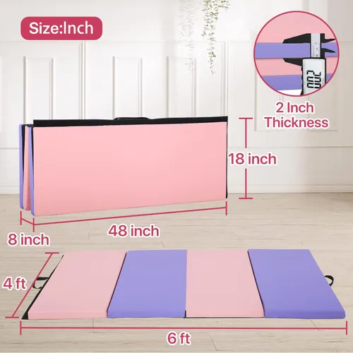 Vista 7 de Colchoneta de gimnasia plegable de 6 x 4 x 2 pulgadas de grosor, para gimnasio en casa, antideslizante, portátil, con asas de transporte, para niños