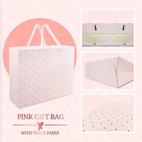 Vista 4 de Bolsas de regalo rosas con papel de seda y asas, bolsa de regalo de papel grande de 13 pulgadas y mediana de 9 pulgadas para niñas, despedidas