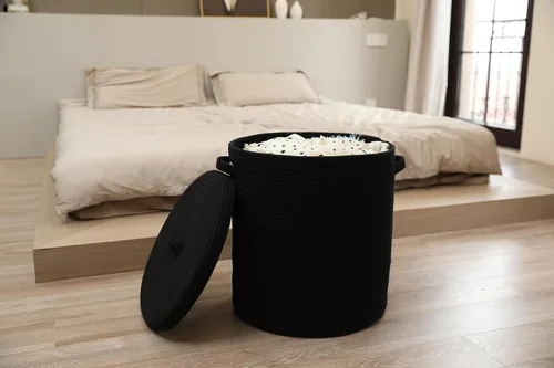Vista 9 de Cesta de almacenamiento extra grande de 16" x 16" x 18" con tapa, cestas de almacenamiento de cuerda de algodón, canasta de lavandería, contenedor