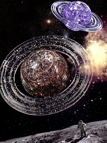 Vista 4 de Rompecabezas de cristal 3D, 40 piezas Saturno Ensamblaje Brain Teaser con base de madera iluminada, bloques de rompecabezas de Saturno de plástico