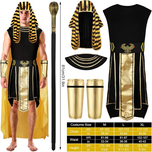 Vista 2 de Leumoi Disfraz de faraón egipcio de Halloween para hombre, adulto, sombrero de faraón, puños de cobra, cinturón de bastón, túnica y chal