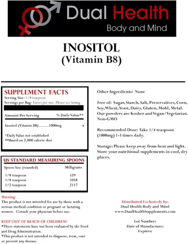 Vista 2 de Dual Health Body and Mind Polvo de inositol (4 oz) Pure Vitamina B8 Antioxidantes Suplementos a granel 1000mg por porción