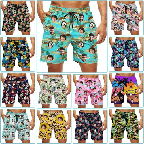 Vista 3 de Traje de baño personalizado para hombre, pantalones cortos de playa divertidos personalizados con caras en ellos, regalos de cumpleaños