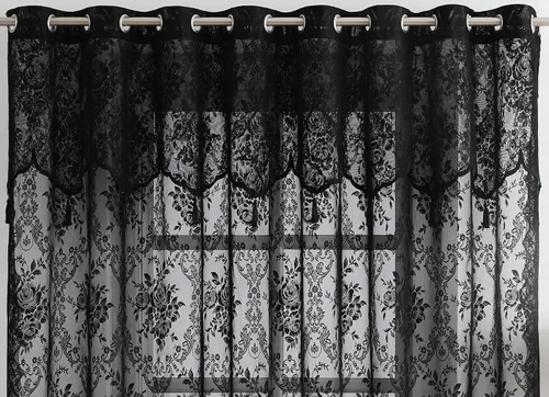 Vista 7 de LinenZone Cenefa de encaje transparente con 6 borlas y parte inferior festoneada para cocina, baño, comedor, sala de estar, dormitorio o sótano.