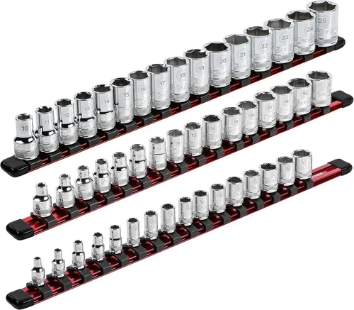 Vista 21 de ARES 70087-Organizador de enchufes de aluminio de 3 piezas, rieles de transmisión de 1/4 pulgadas, 3/8 pulgadas y 1/2 pulgadas con capacidad para 48