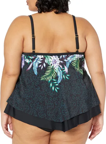 Vista 3 de Top de traje de baño tankini con cuello en V, Azul marino, blanco