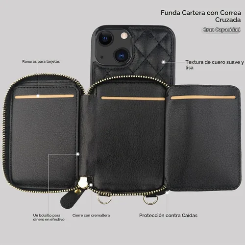 Vista 7 de Bocasal Funda tipo cartera tipo bandolera para iPhone 13, color negro
