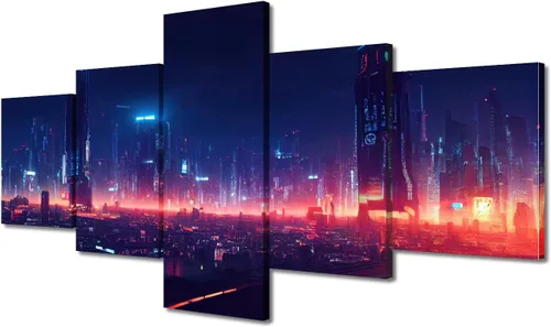 Vista 129 de Cuadros de 5 paneles de Cyberpunk City, arte de pared, representación de vallas publicitarias, edificios modernos en la capital con obras de arte
