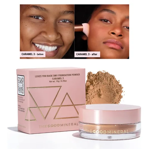 Vista 9 de The Good Mineral Loves-You-Back Base de maquillaje mineral en polvo 3 en 1 (CARAMEL 3) Diseñada para pieles sensibles y propensas al acné para una