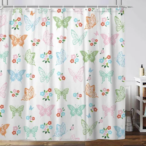 Vista 5 de Cortina de ducha con diseño de mariposas, diseño floral, moderna, femenina, para baño, accesorios de baño para niños con ganchos, 47 x 64 pulgadas
