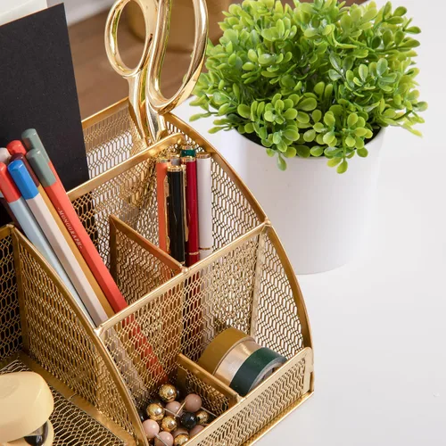 Vista 6 de Martha Stewart Ryder - Organizador de escritorio pequeño de metal de malla dorada para accesorios de oficina, cuadernos, soporte para bolígrafos