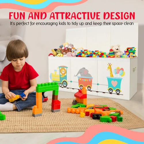 Vista 7 de Organizador de almacenamiento de juguetes plegable extra grande con tapas, caja de juguetes de tren de animales para niños y niñas, 40 x 16 x 16