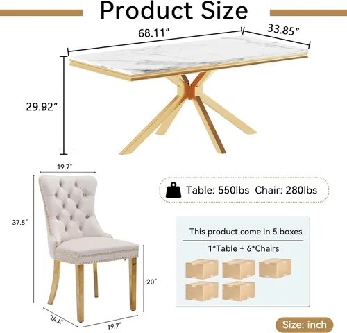 Vista 9 de Juego de mesa de comedor de mármol para 6, mesa de cocina rectangular de mármol blanco de 68 pulgadas con patas en X de acero inoxidable dorado