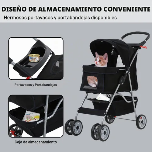 Vista 5 de Cochecito de perro de 4 ruedas, cochecito para mascotas, gatos, plegable, impermeable, con soporte para tazas y forro extraíble, cochecitos