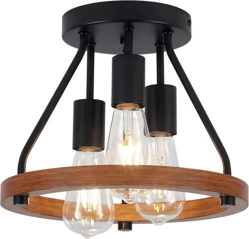 Vista 9 de Lámpara de techo moderna de granja de madera semiempotrada, accesorios de iluminación de pasillo y entrada, lámpara de techo industrial rústica de 3