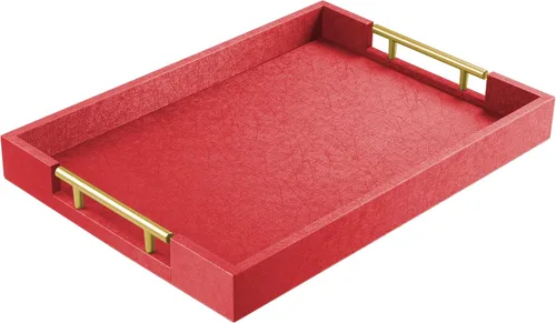 Vista 9 de ATZYmolin - Bandeja de servicio de madera de 17" x 12" con asas de metal dorado pulido, bandeja decorativa de madera rectangular para otomano