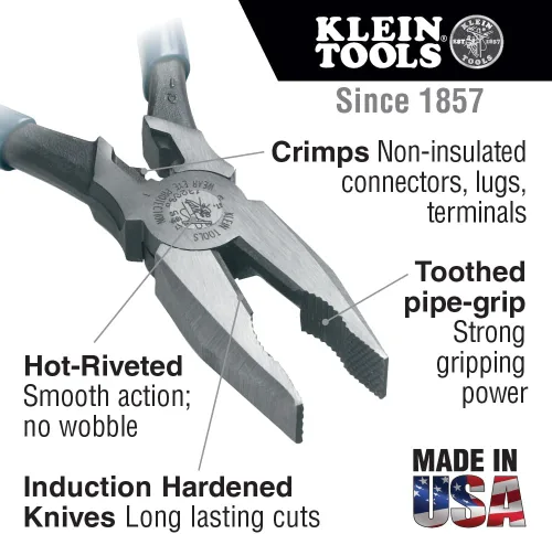 Vista 2 de Klein Tools J12098 Alicates de combinación universal con matriz de prensado, agarre de tubo dentado, cuchillos endurecidos por inducción