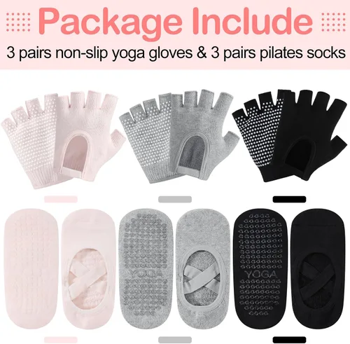 Vista 2 de Shihanee 6 pares de guantes de yoga antideslizantes para pilates, con agarre para mujer, guantes de silicona con agarre de puntos, calcetines sin