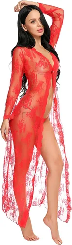 Vista 8 de Lencería para mujer sexy, largo vestido de encaje transparente vestido transparente de bata Kimono Azul