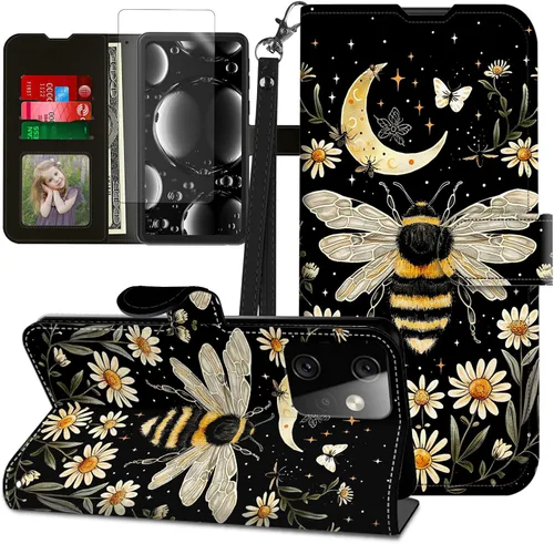 Vista 420 de Funda para Motorola Edge 2022 con protector de pantalla, soporte y tarjetero y correa para la muñeca, funda magnética para Moto Edge 2022 5G UW Lobo