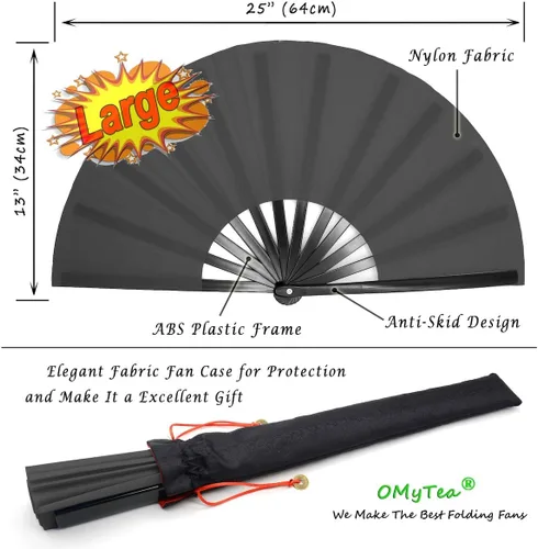 Vista 5 de OMyTea Abanicos de mano plegables grandes para hombres y mujeres, ventiladores de mano chinos japoneses de Kung Fu Tai Chi - para EDM, festival