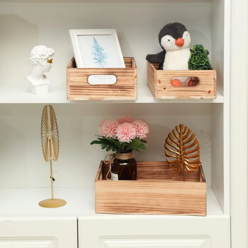 Vista 9 de PHOENANCEE Cajas de madera para exhibición, cajas decorativas rústicas de almacenamiento, juego de 3, caja anidable de madera con asas, cesta