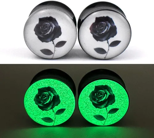 Vista 4 de Jboyanpei 6 unids3 pares brillan en la oscuridad rosa patrón acrílico túnel de oído calibre y tapones dilatador dilatador piercing tamaño 0.236in a